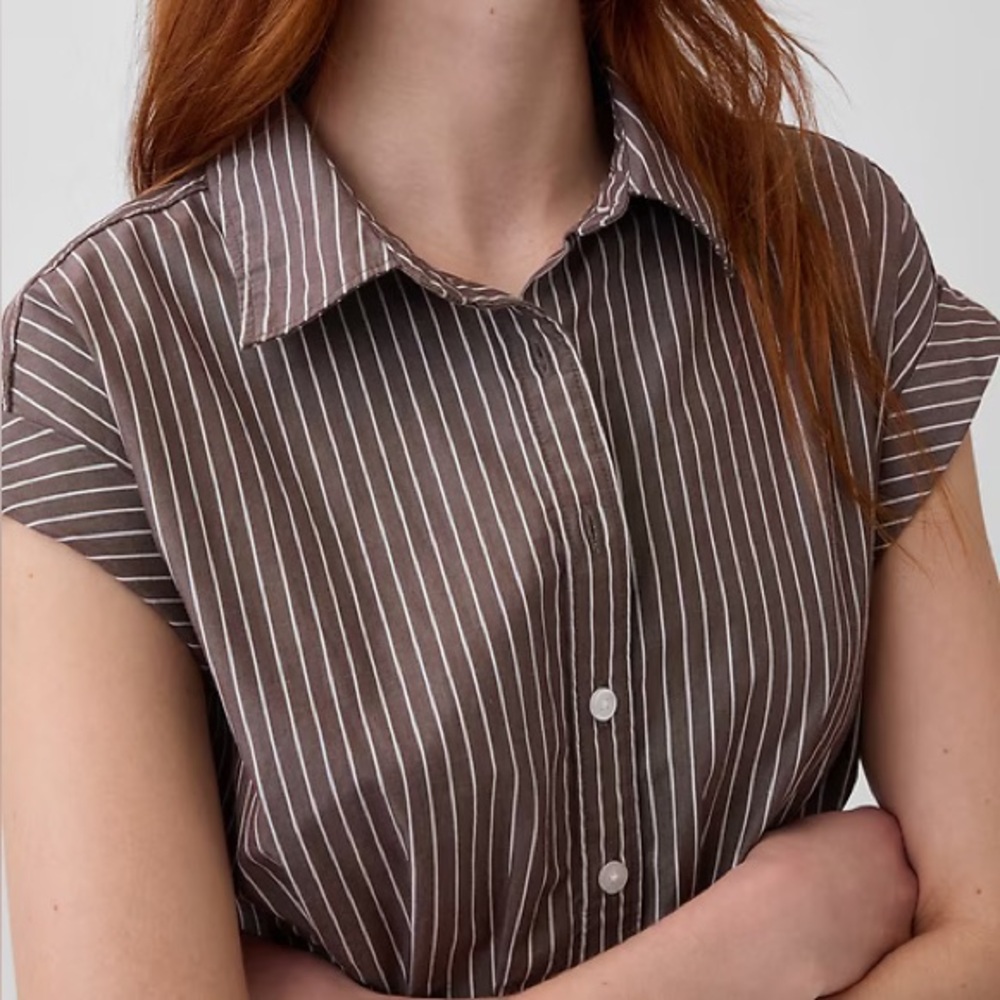 Gap Poplin Cinched Midi Shirtdress - Brown Stripe - Size M Tall - Picture 5 of 6